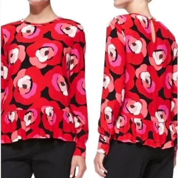 Kate Spade Deco Rose Peplum Top in Orient Red Size 2 Office Preppy Cocktail - Picture 2 of 12